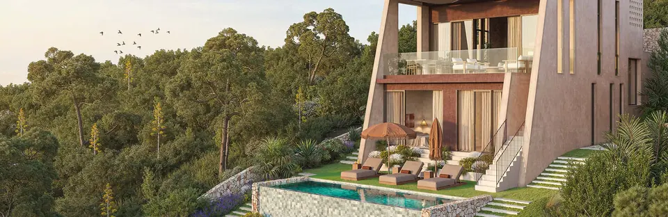 Villa con piscina desbordante entre pinares